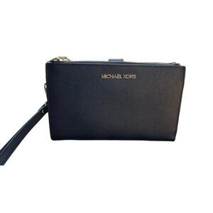 Michael Kors Adele Double Zip Black Saffiano Leather Smartphone Wristlet Wallet